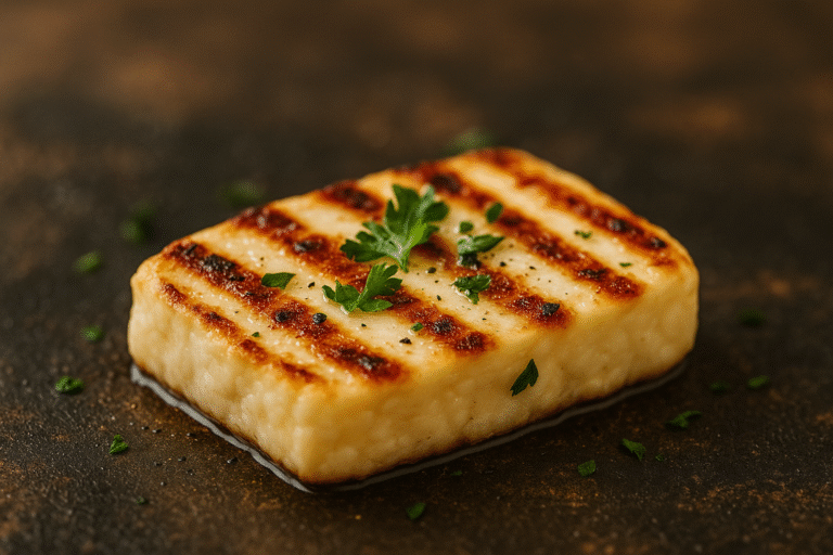 Papas Halloumi authentic Cypriot halloumi cheese grilled to perfection with golden-brown marks and parsley, made in South Africa for braai lovers.