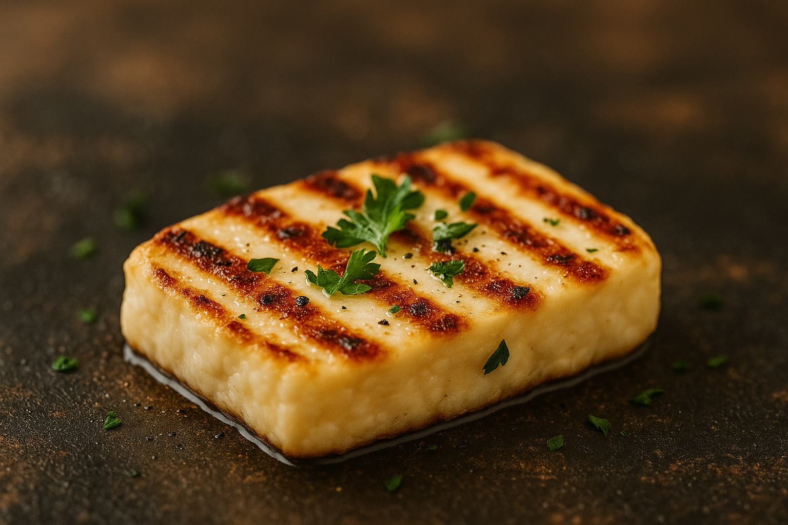 Papas Halloumi authentic Cypriot halloumi cheese grilled to perfection with golden-brown marks and parsley, made in South Africa for braai lovers.