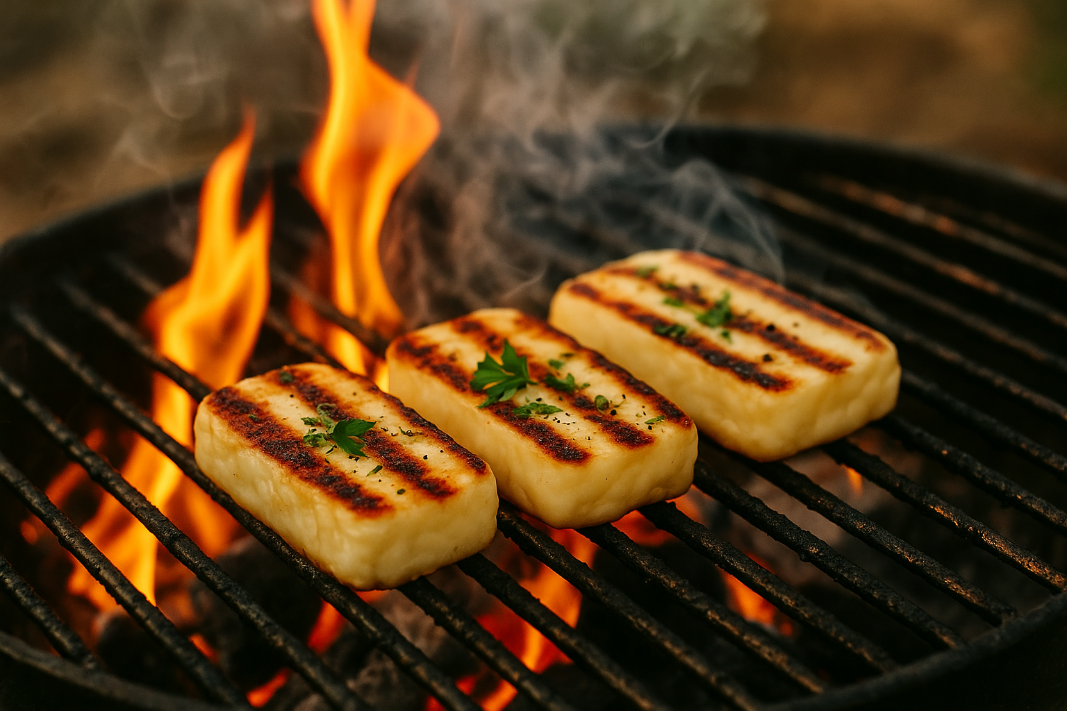 Thick slices of halloumi cheese sizzling on a charcoal braai, smoke rising with bright orange flames for a traditional BBQ scene.