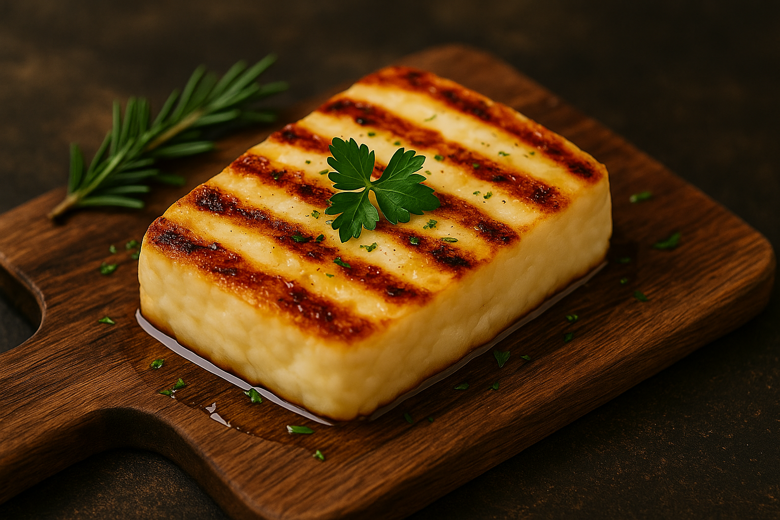 Authentic Cypriot halloumi grilling on a South African braai with golden grill marks, flames, and smoke for a rustic BBQ atmosphere.