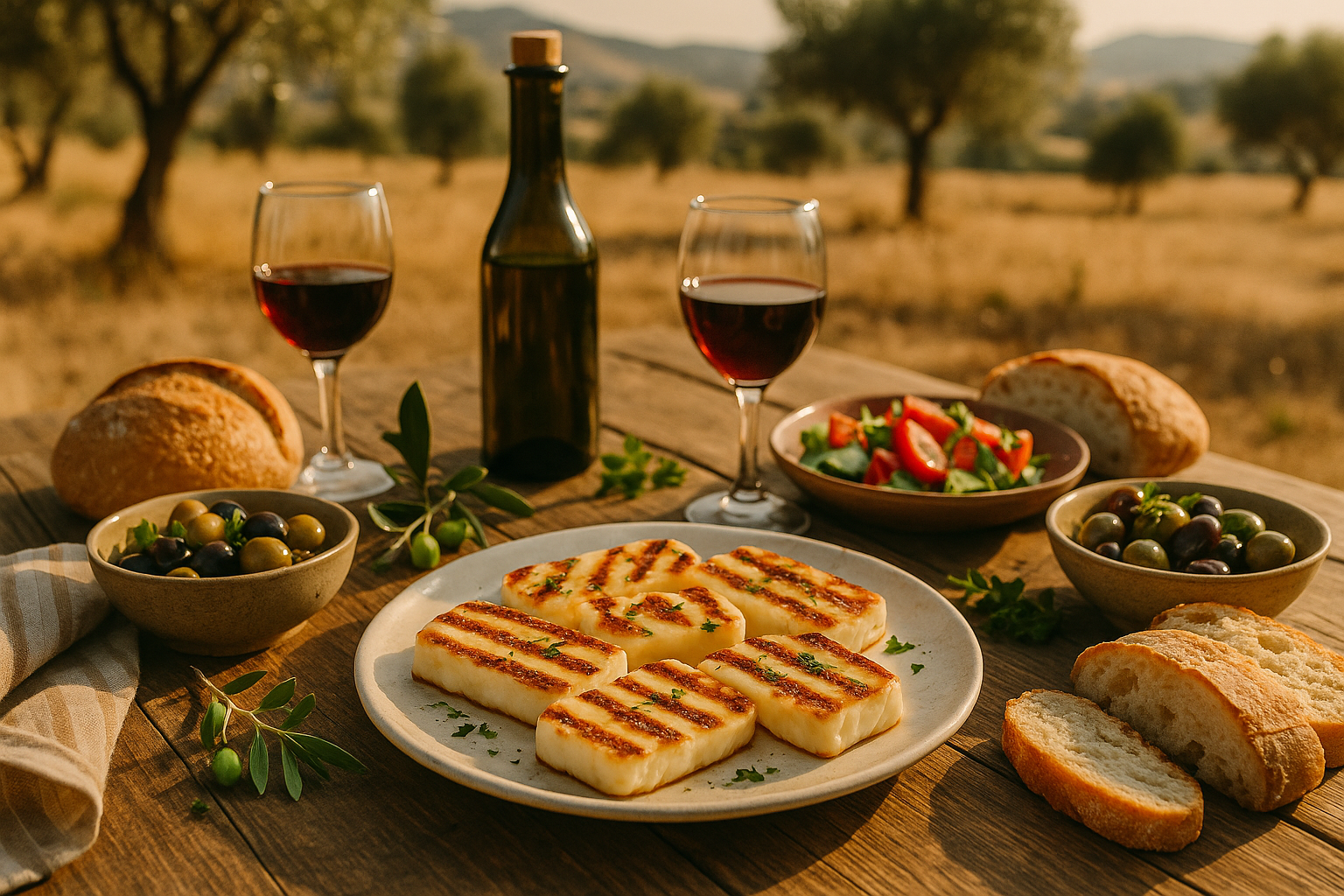 Traditional South African braai featuring authentic Cypriot halloumi cheese on the grill with flames, smoke, and rustic outdoor vibes.